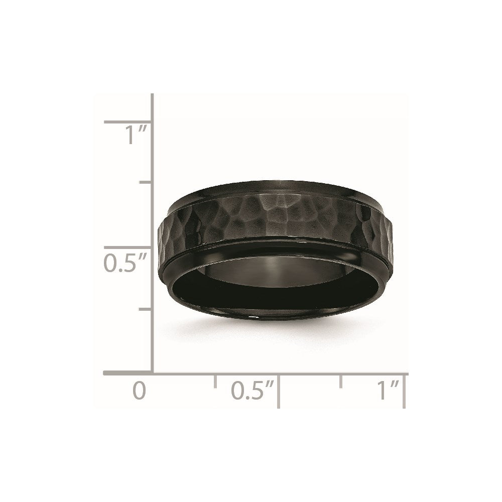 Chisel Stainless Steel Polished and Hammered Black IP-plated 8mm Beveled Edge Band