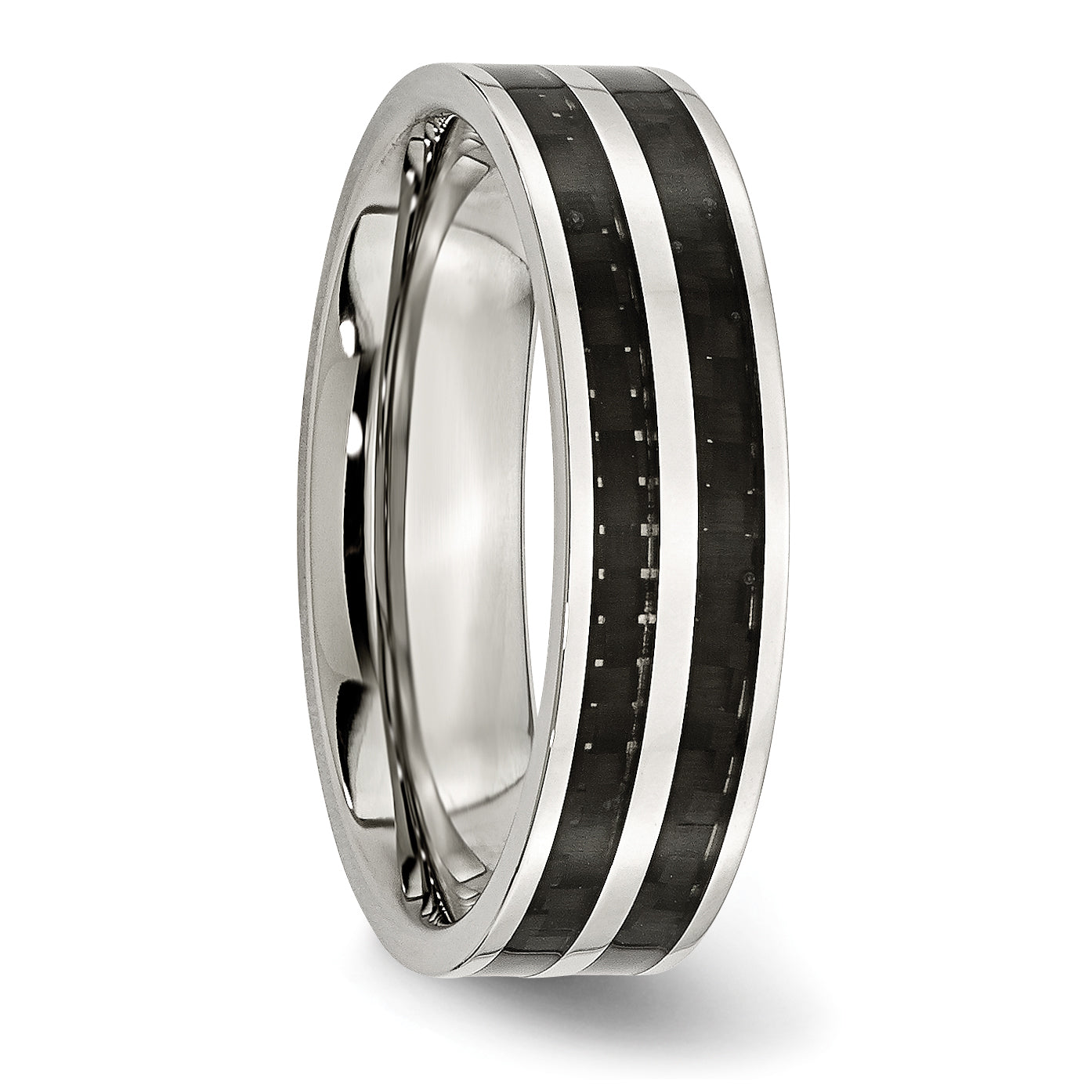 Stainless Steel 6mm Double Row Black Carbon Fiber Inlay Polished Band Ring 8 Size