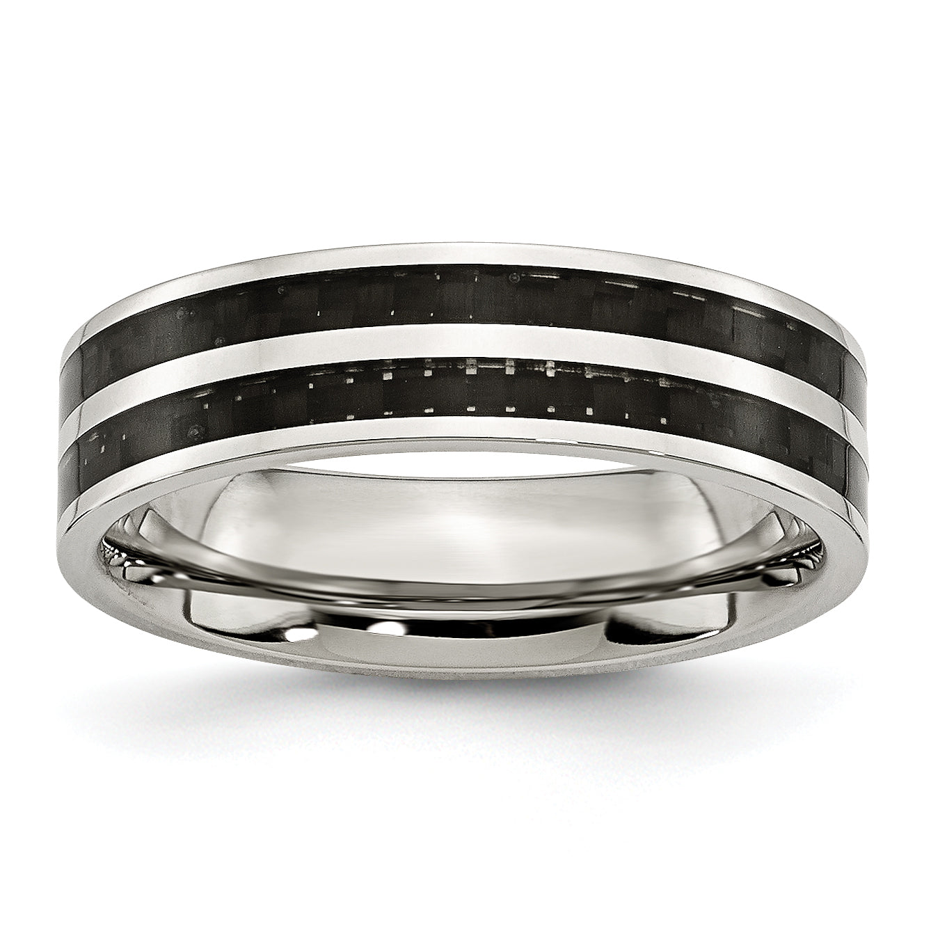 Stainless Steel 6mm Double Row Black Carbon Fiber Inlay Polished Band Ring 8 Size