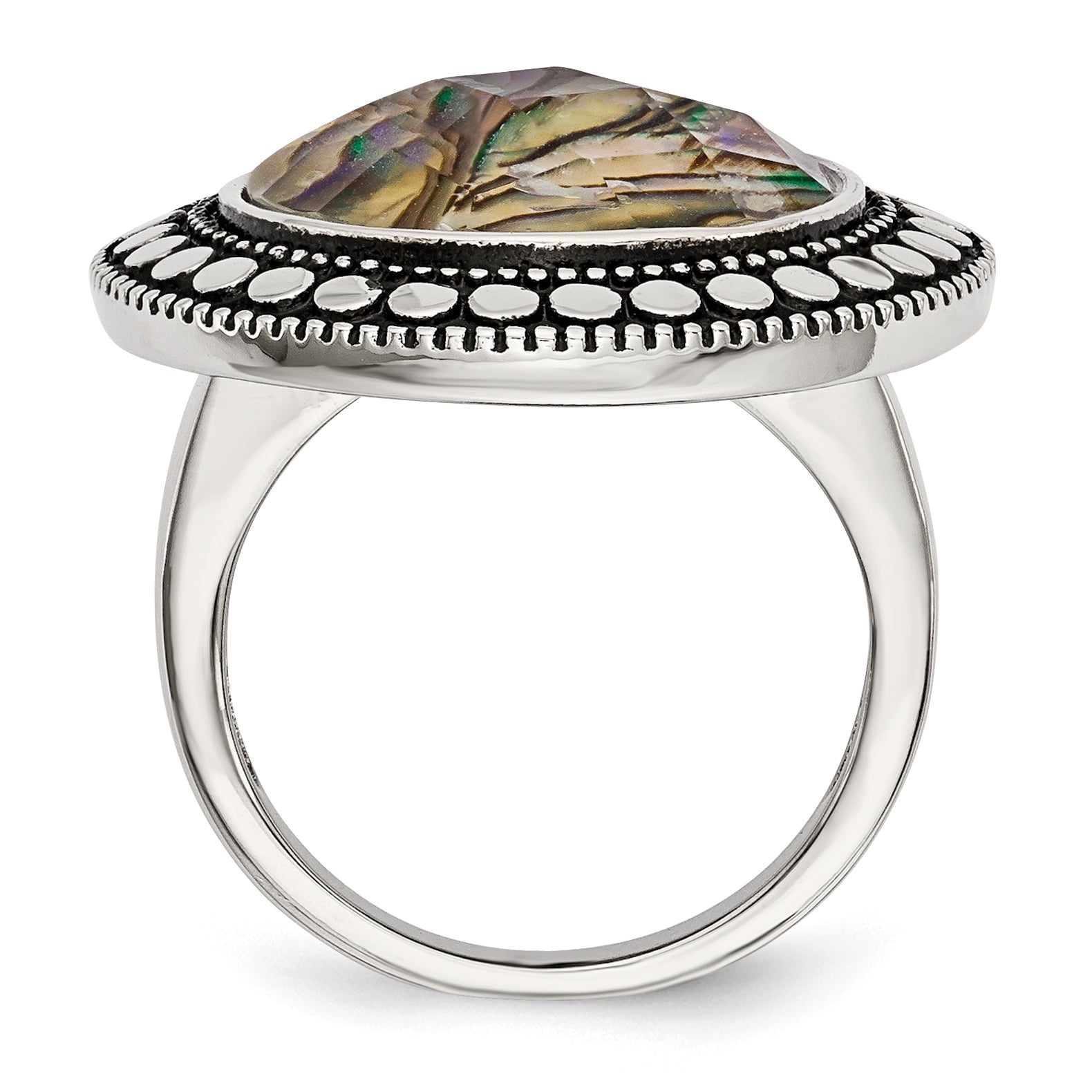 Stainless Steel Polished and Antiqued Synthetic Abalone Ring SR360