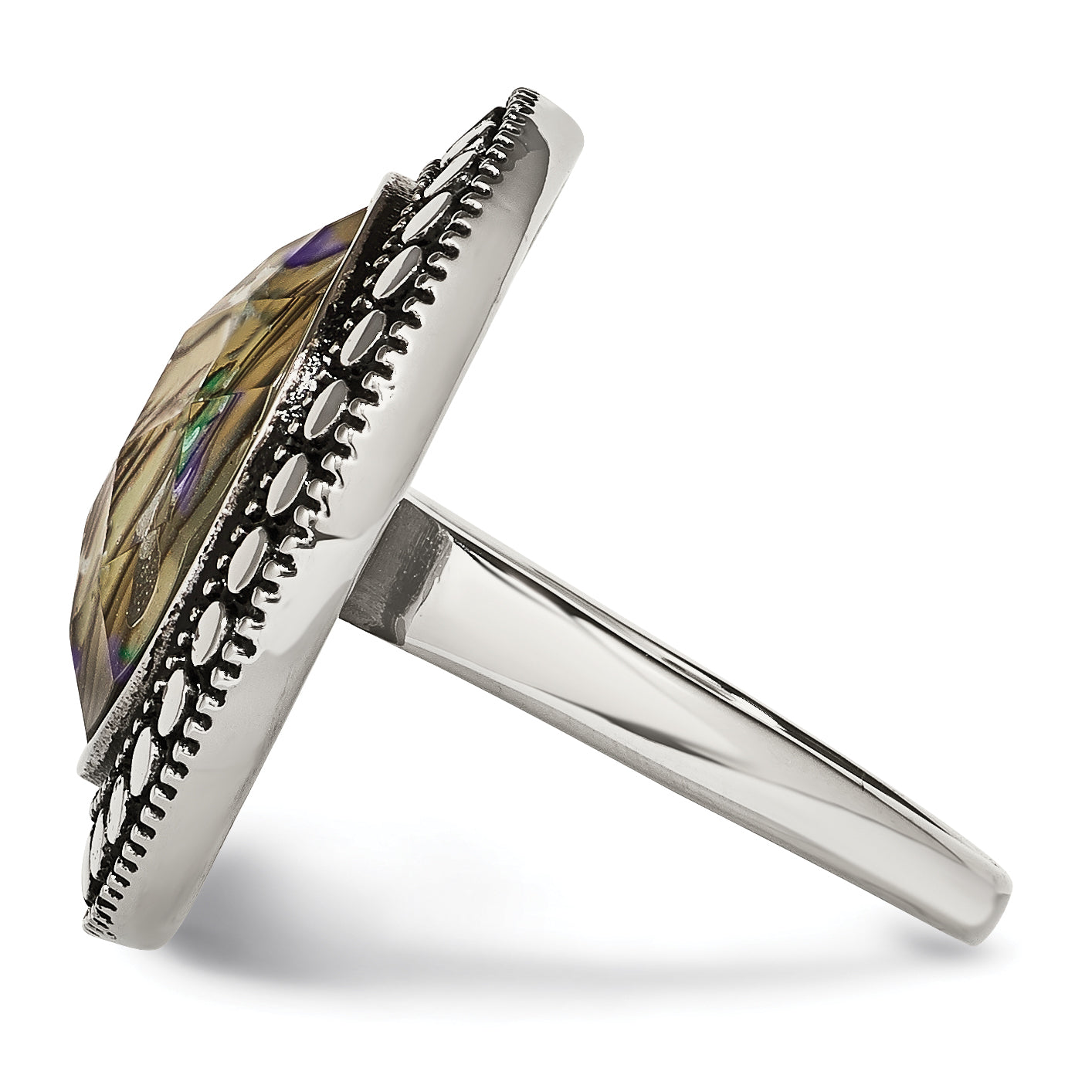 Stainless Steel Polished and Antiqued Synthetic Abalone Ring SR360