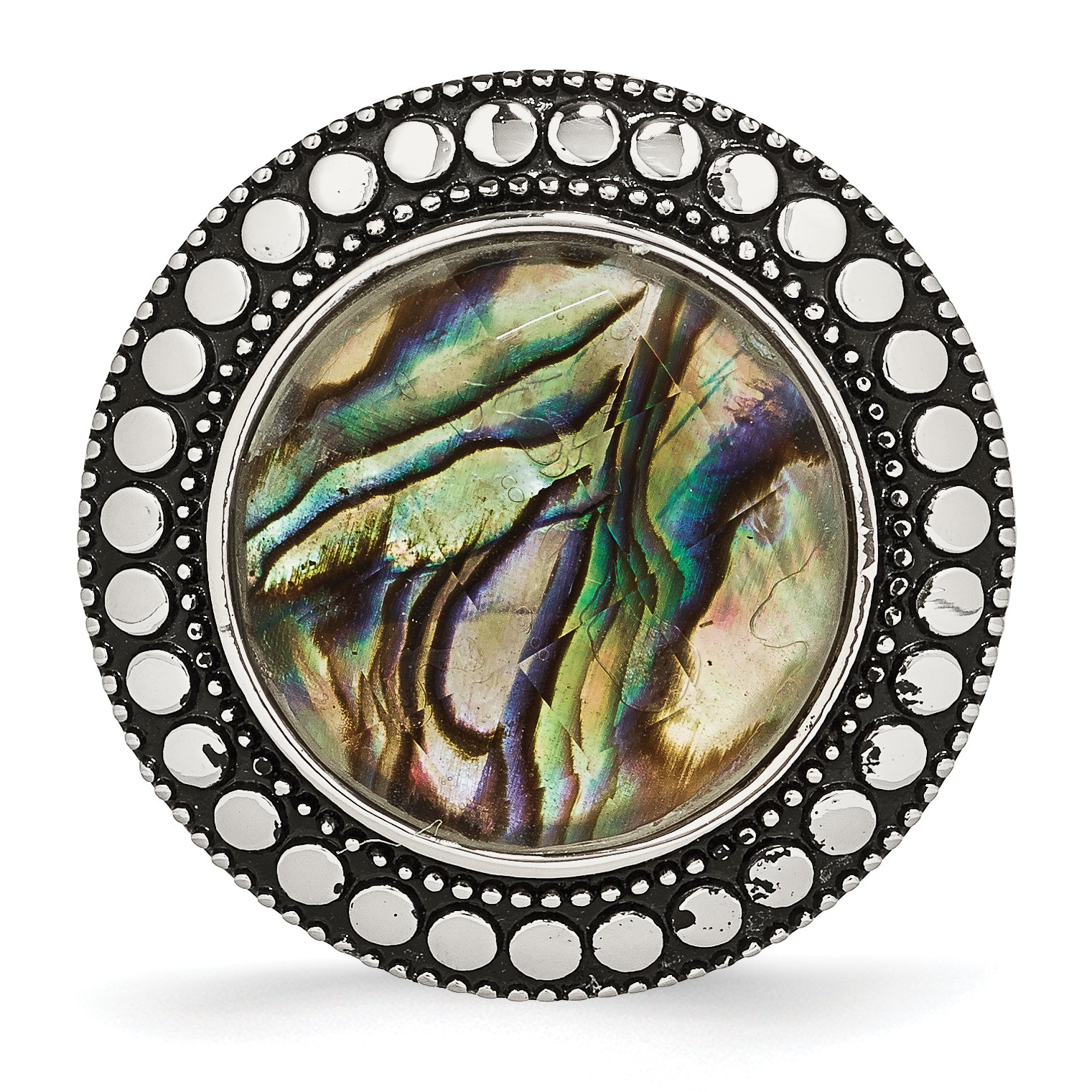 Stainless Steel Polished and Antiqued Synthetic Abalone Ring SR360