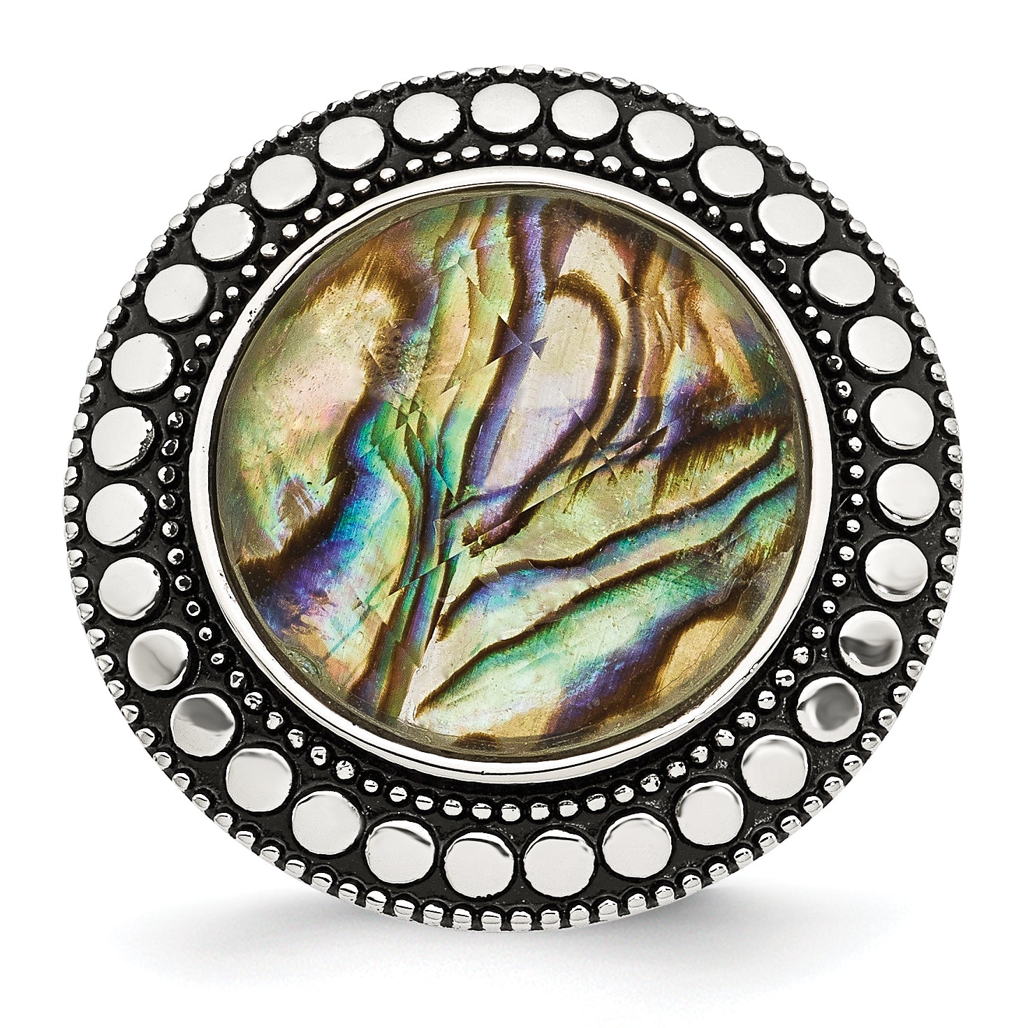 Stainless Steel Polished and Antiqued Synthetic Abalone Ring SR360