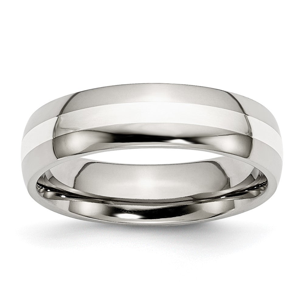 Chisel Stainless Steel with Sterling Silver Inlay Polished 6mm Band