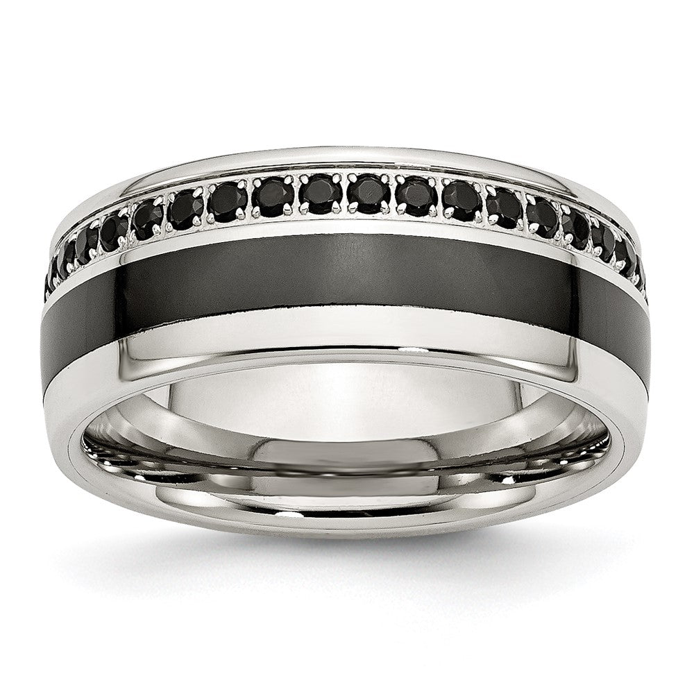 Stainless Steel Polished Black Ceramic Inlay Black CZ 9mm Band