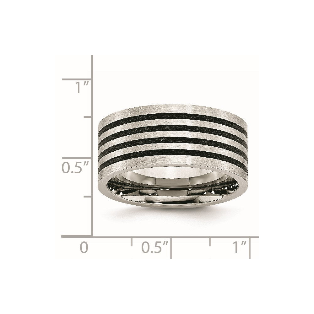 Stainless Steel Brushed w/Black Rubber Stripes 10mm Flat Band