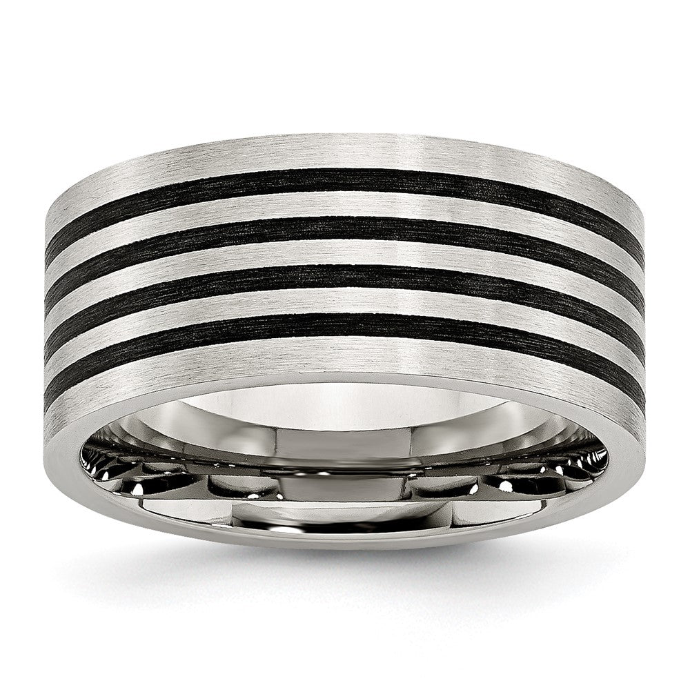 Stainless Steel Brushed w/Black Rubber Stripes 10mm Flat Band