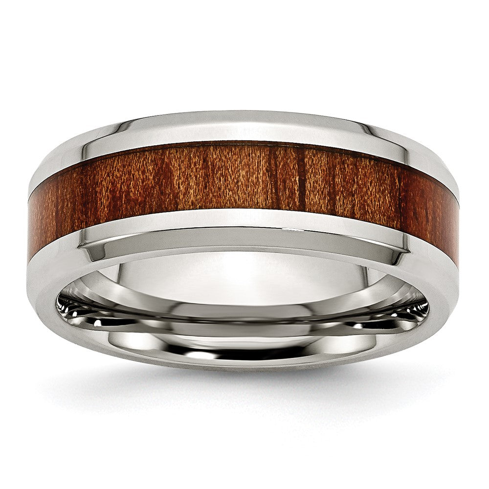 Chisel Stainless Steel Polished Red/Orange Koa Wood Enameled 8mm Band