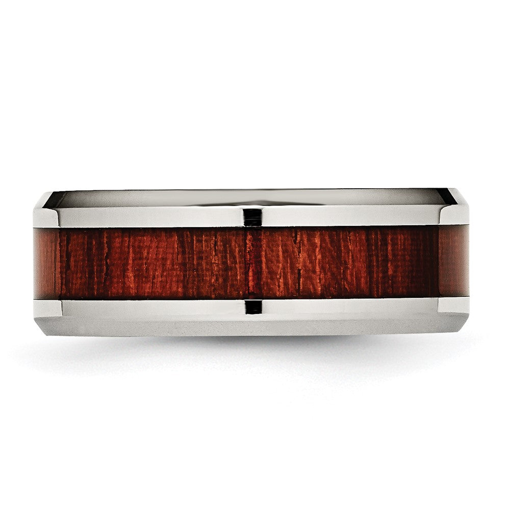 Chisel Stainless Steel Polished with Red Koa Wood Inlay Enameled 8mm Band