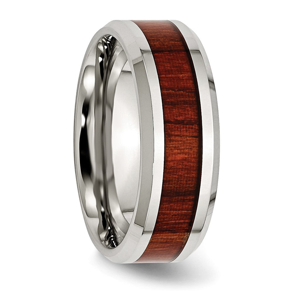 Chisel Stainless Steel Polished with Red Koa Wood Inlay Enameled 8mm Band