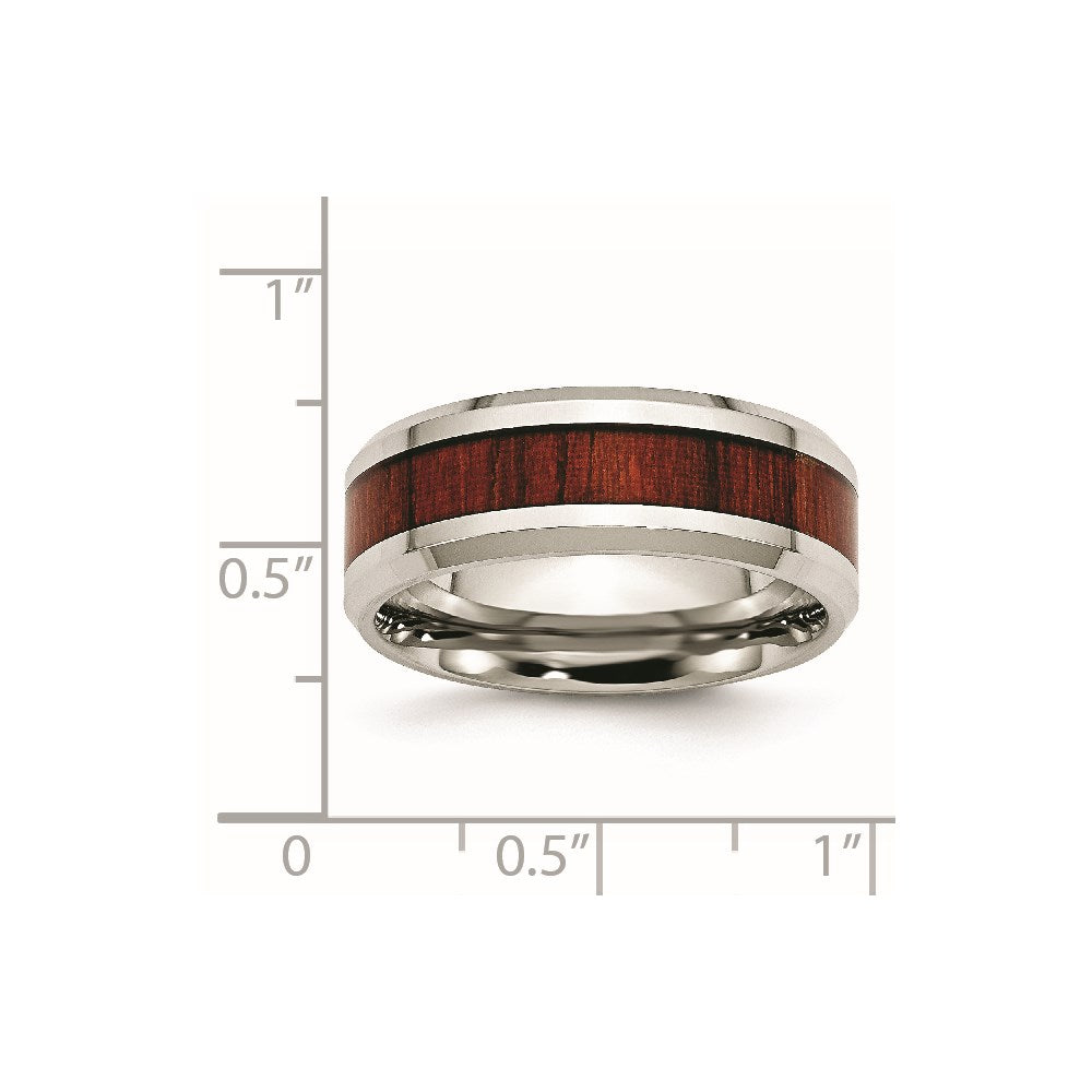 Chisel Stainless Steel Polished with Red Koa Wood Inlay Enameled 8mm Band