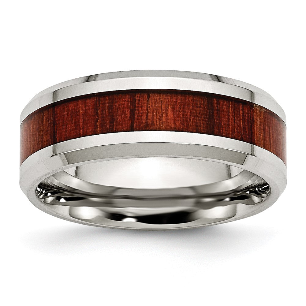 Chisel Stainless Steel Polished with Red Koa Wood Inlay Enameled 8mm Band