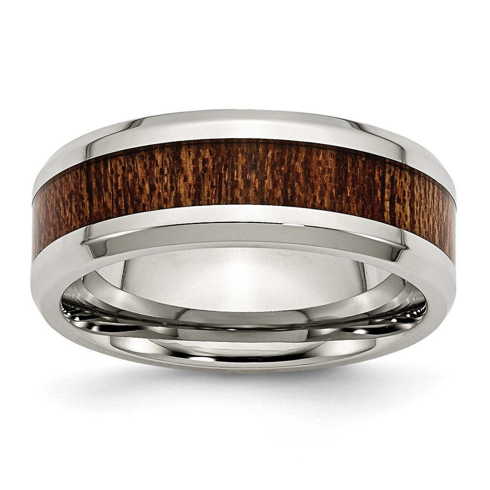 Chisel Stainless Steel Polished with Brown Koa Wood Inlay Enameled 8mm Band