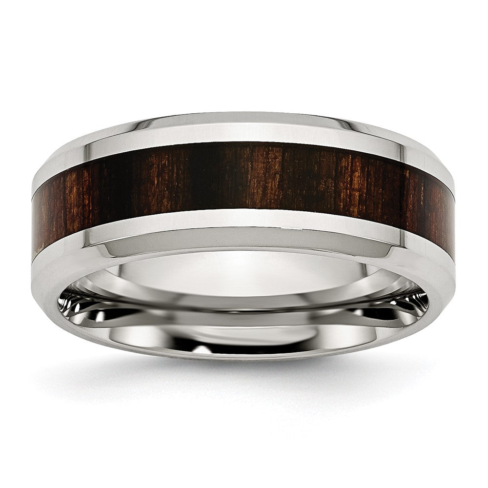 Chisel Stainless Steel Polished with Black Koa Wood Inlay Enameled 8mm Band