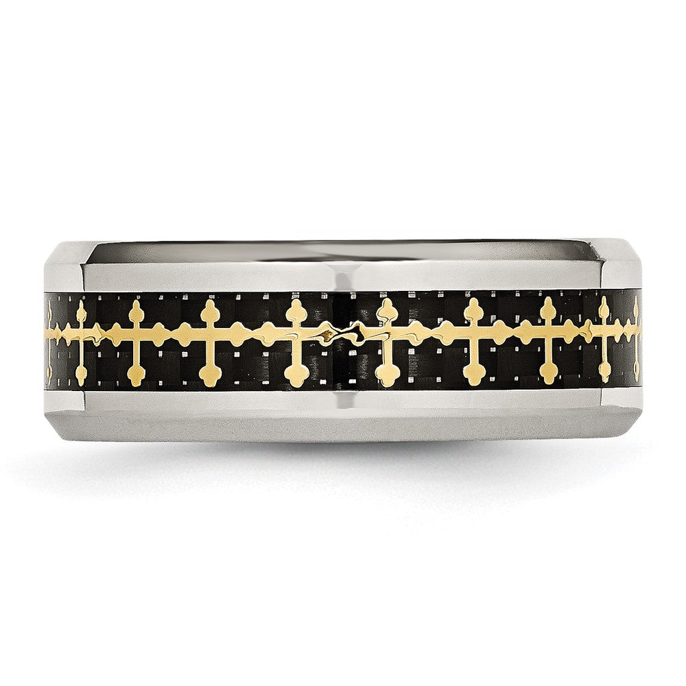 Stainless Steel Polished Yellow IP w/Carbon Fiber Inlay Cross 8mm Band