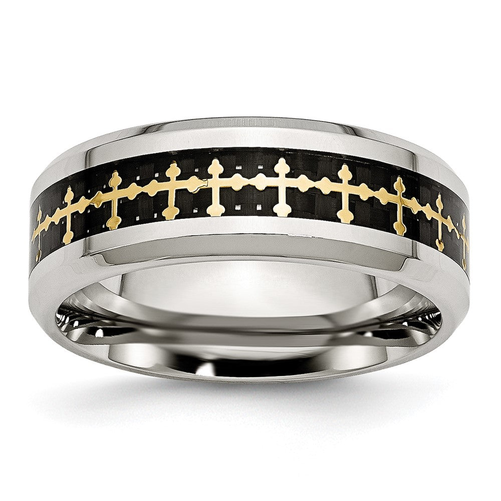 Stainless Steel Polished Yellow IP w/Carbon Fiber Inlay Cross 8mm Band