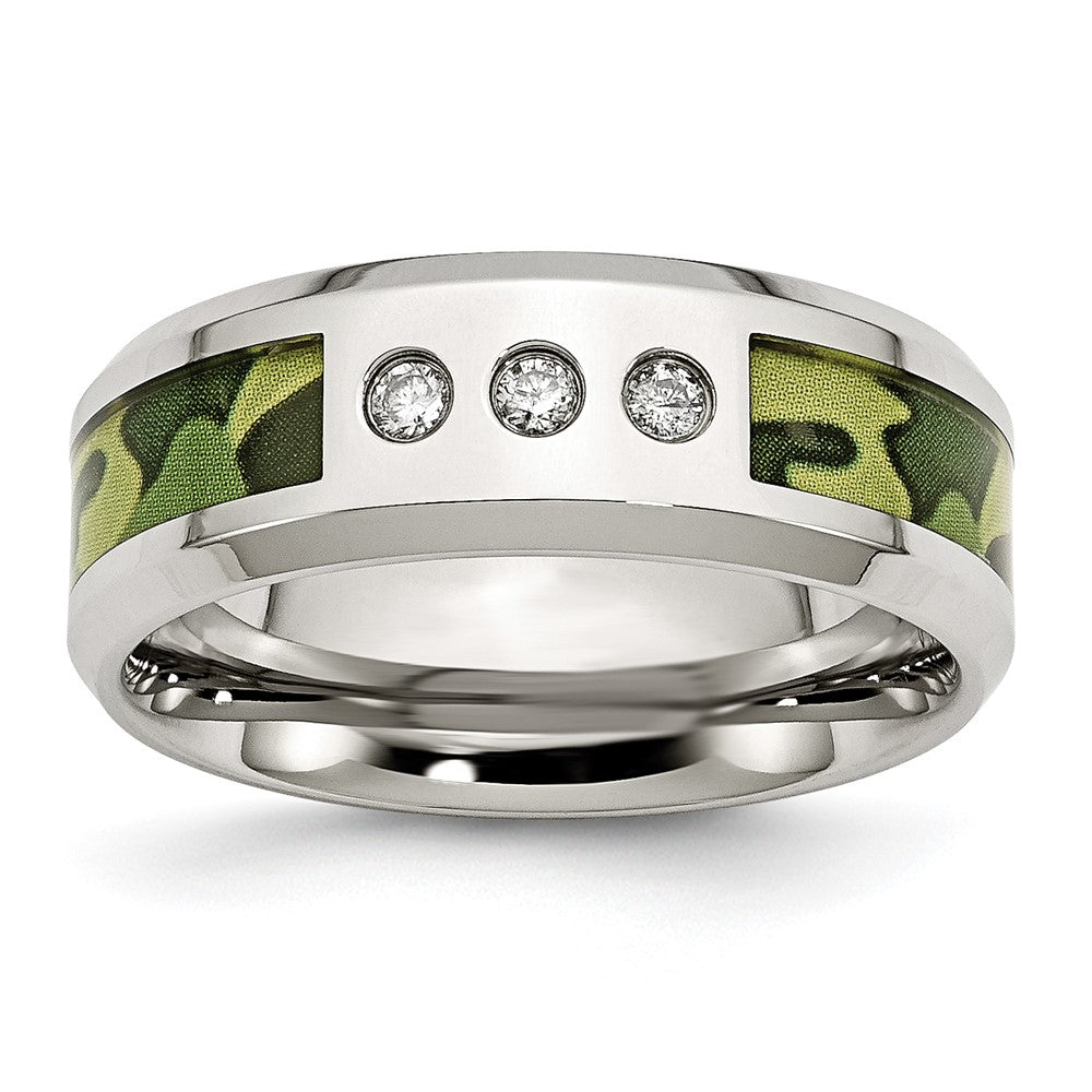 Chisel Stainless Steel Polished Camouflage 1/10 Carat Diamond 8mm Band