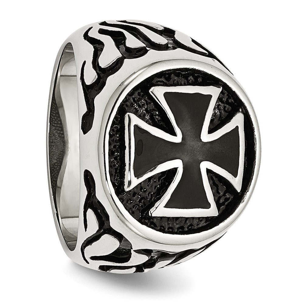 Chisel Stainless Steel Antiqued Polished and Textured Black IP-plated Cross Ring