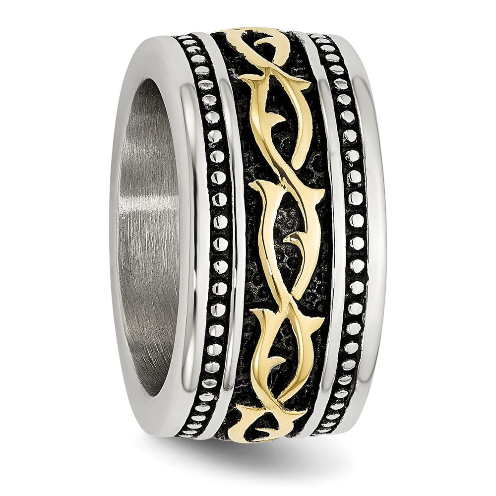 Stainless Steel Antiqued and Polished Yellow IP-plated 13.25mm Band