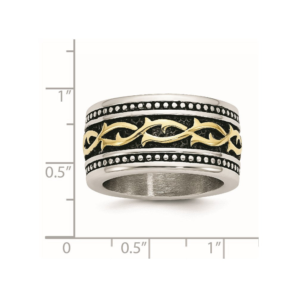 Stainless Steel Antiqued and Polished Yellow IP-plated 13.25mm Band