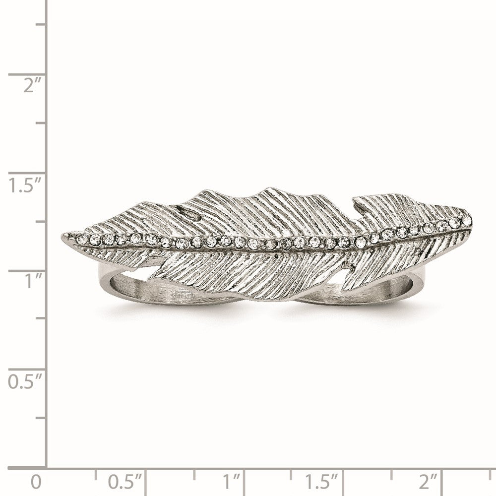 Stainless Steel Polished&Antiqued Leaf Two Finger Crystal Ring