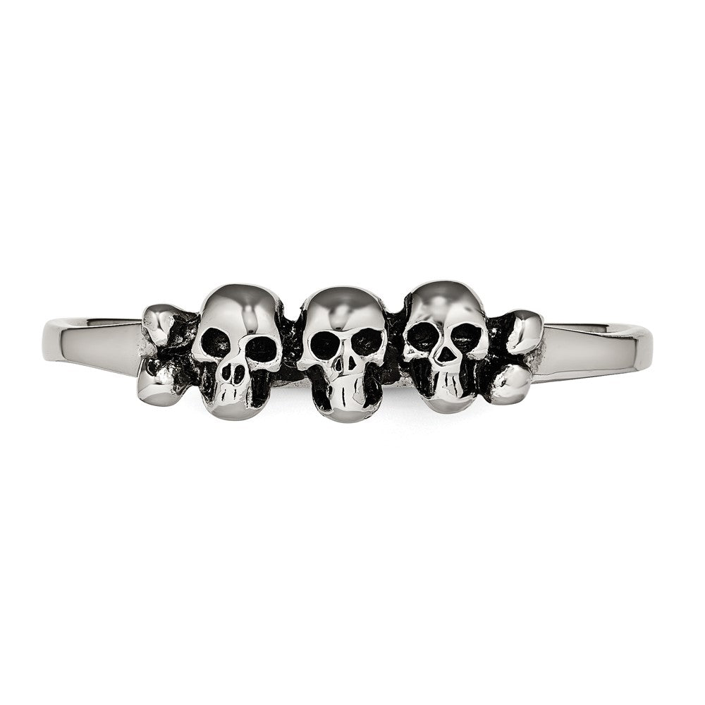 Stainless Steel Polished & Antiqued Two Finger 7/8 Skulls Ring