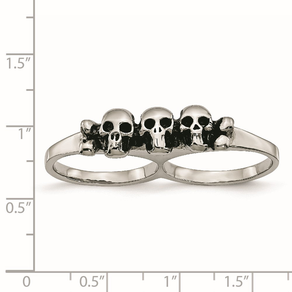 Stainless Steel Polished & Antiqued Two Finger 7/8 Skulls Ring