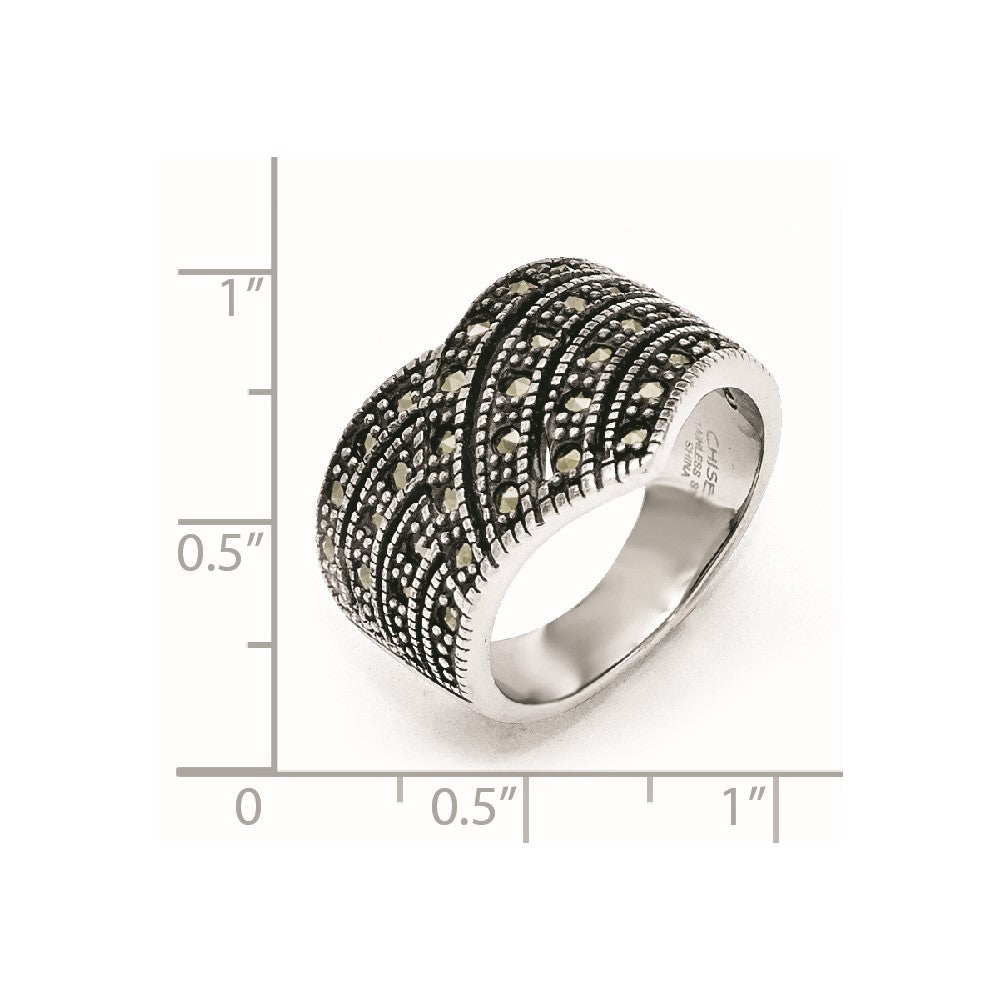 Stainless Steel Polished and Antiqued Marcasite Ring