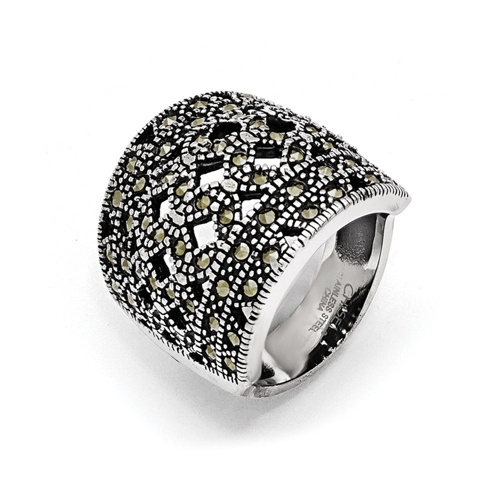 Stainless Steel Polished and Antiqued Marcasite Ring