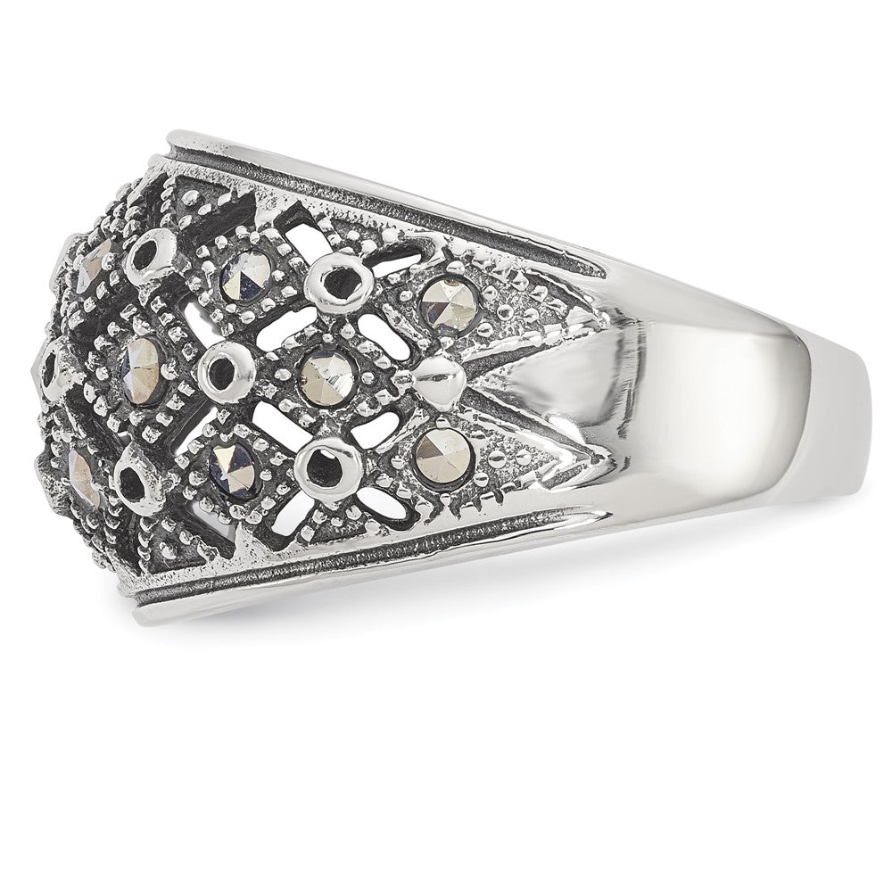 Stainless Steel Antiqued and Polished Marcasite Ring