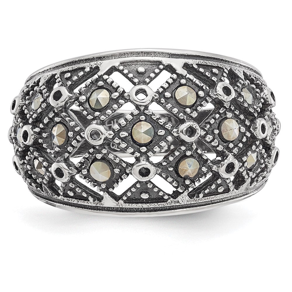 Stainless Steel Antiqued and Polished Marcasite Ring