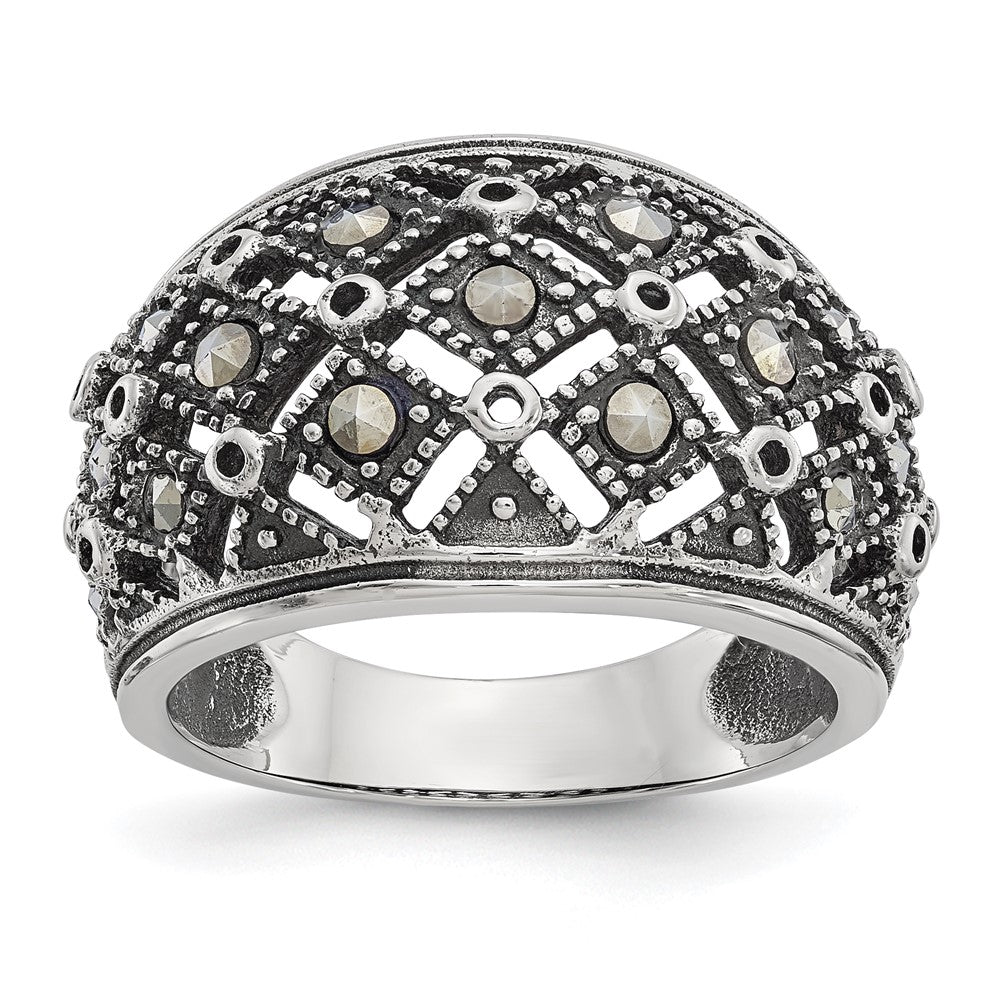 Stainless Steel Antiqued and Polished Marcasite Ring