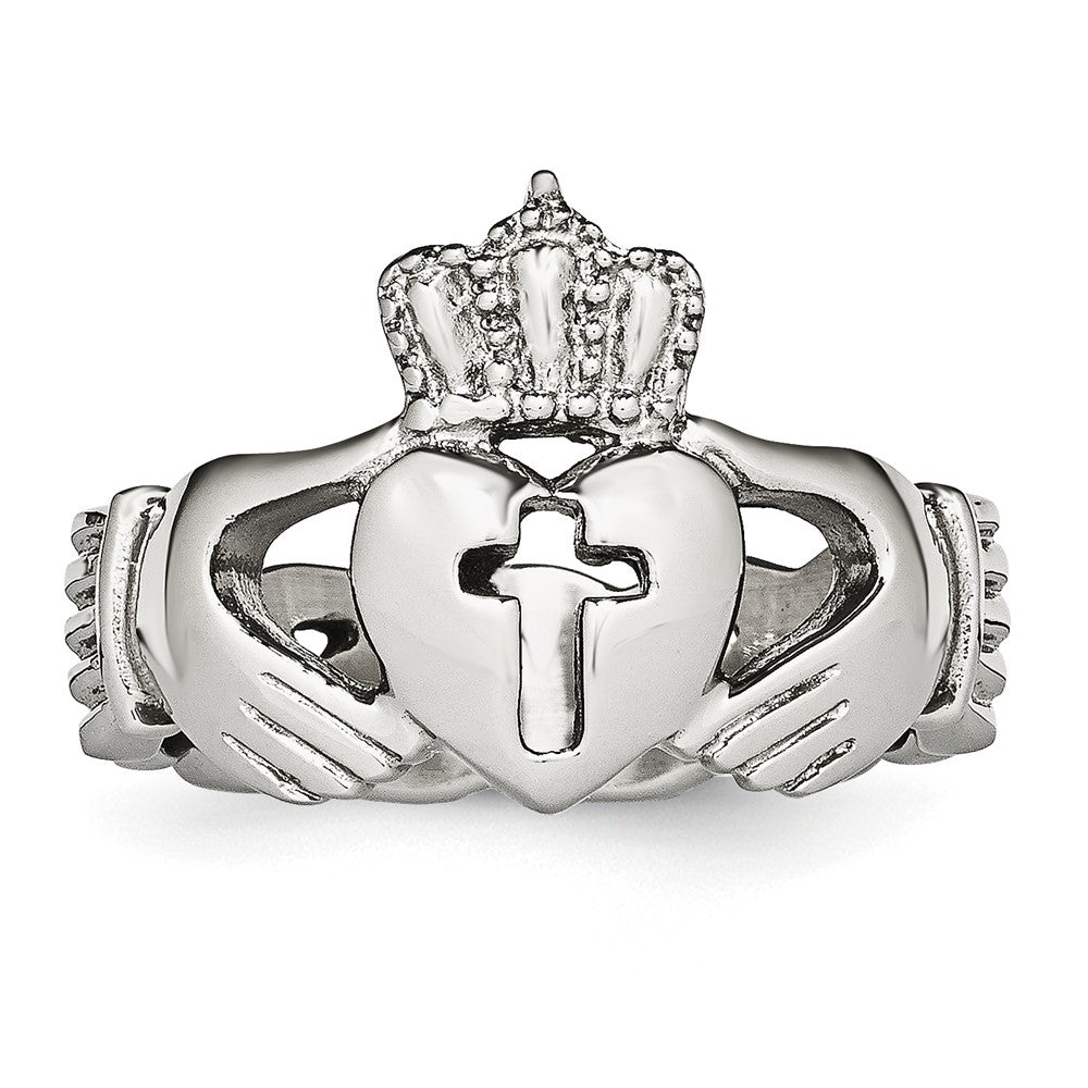 Chisel Stainless Steel Polished Claddagh with Cross Ring