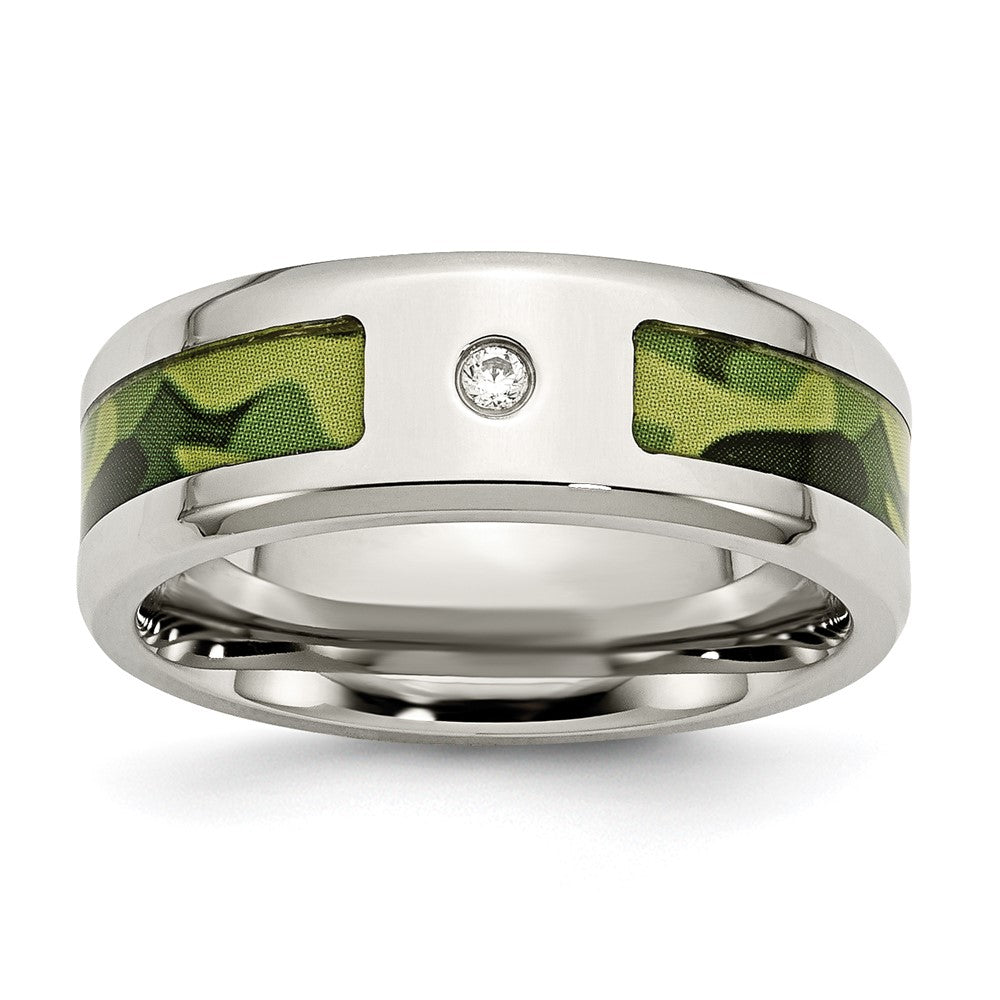 Chisel Stainless Steel Polished with CZ Printed Green Camo Under Rubber 8mm Band