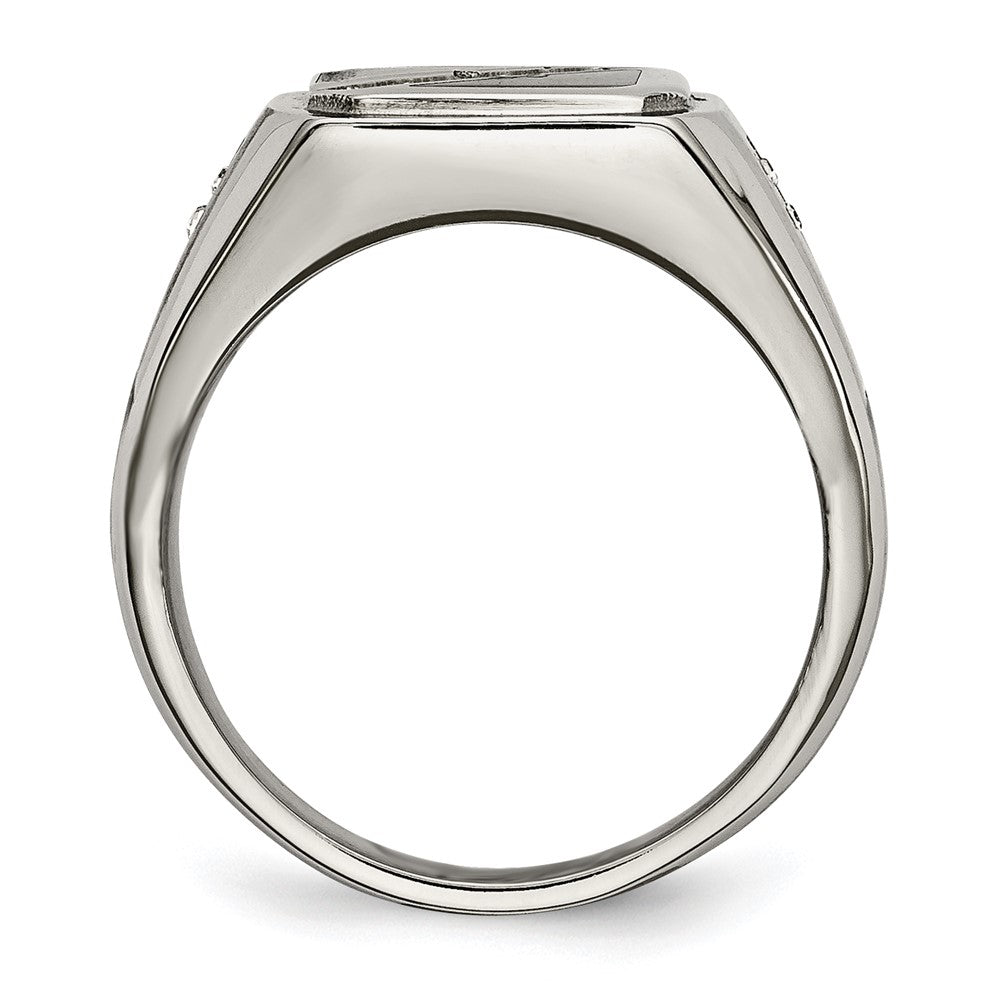 Chisel Stainless Steel Brushed and Polished with Black Enamel CZ Ring