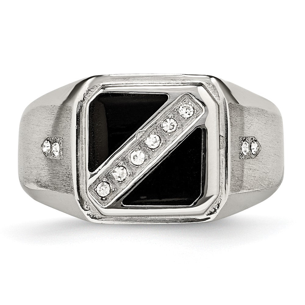 Chisel Stainless Steel Brushed and Polished with Black Enamel CZ Ring