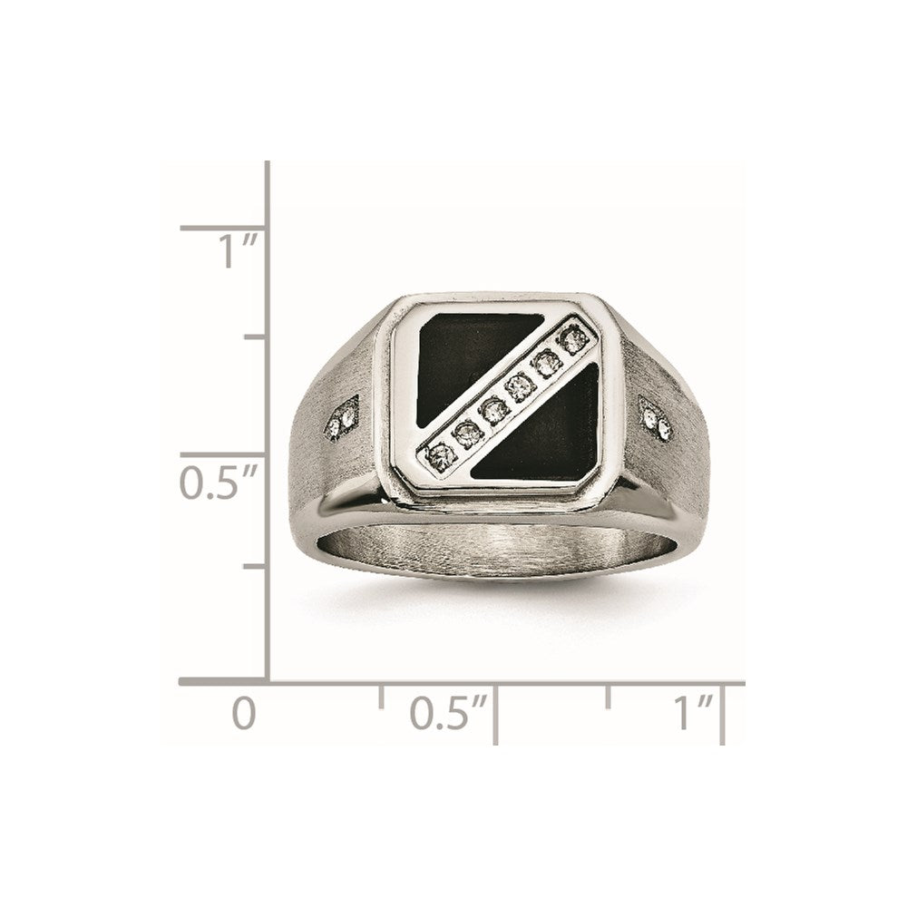 Chisel Stainless Steel Brushed and Polished with Black Enamel CZ Ring