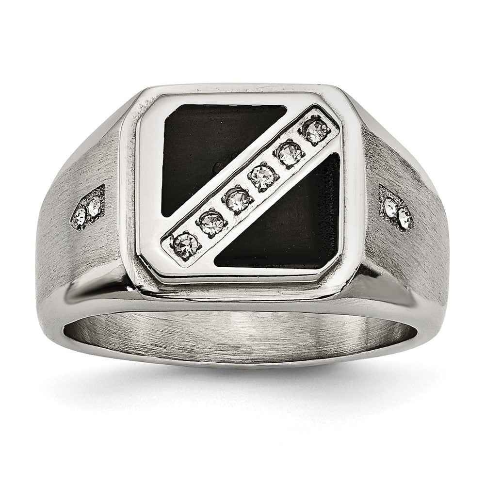 Chisel Stainless Steel Brushed and Polished with Black Enamel CZ Ring