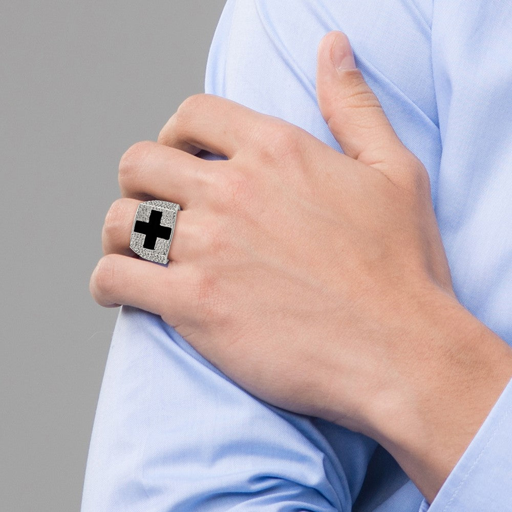 Stainless Steel Textured Black Enameled Cross Ring