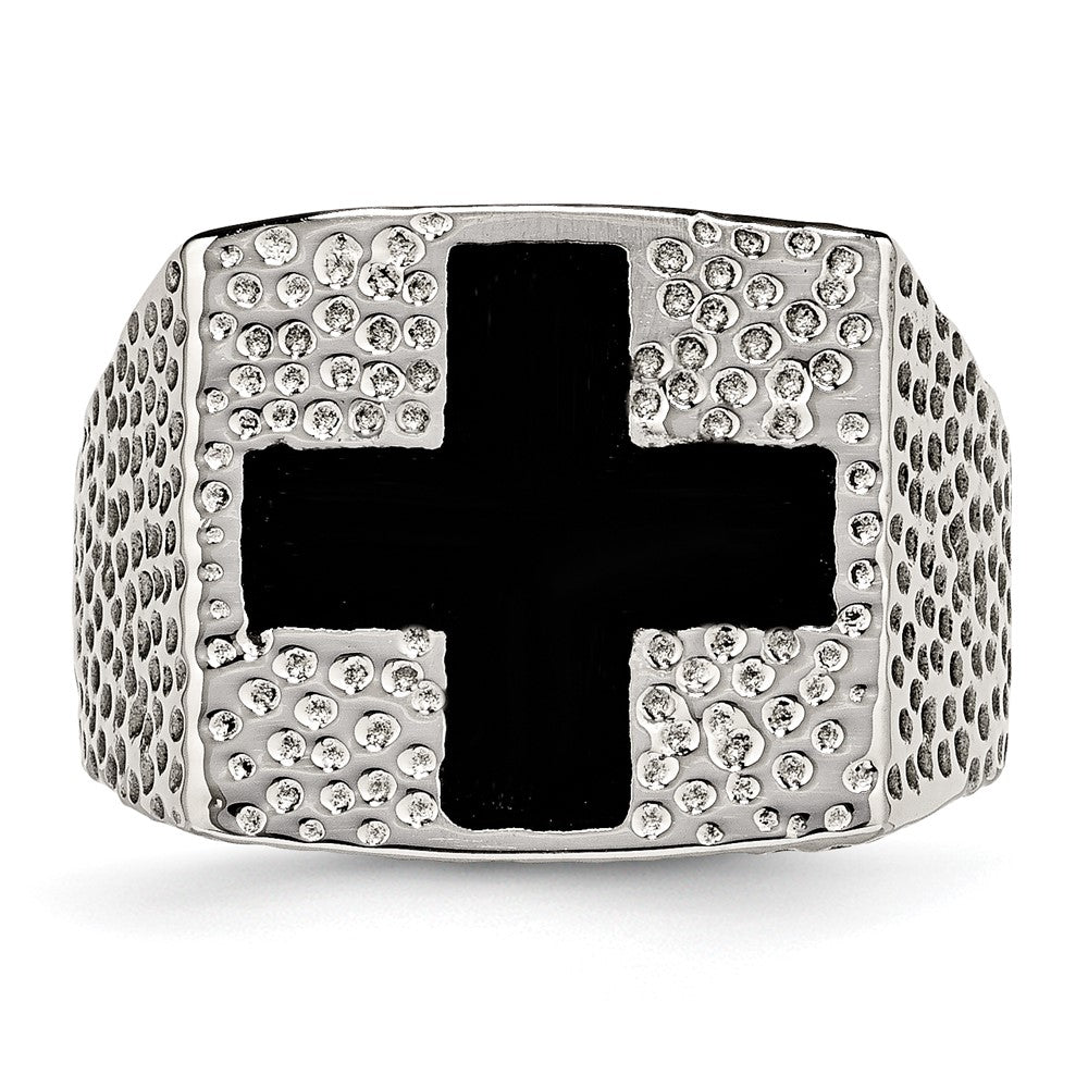 Stainless Steel Textured Black Enameled Cross Ring