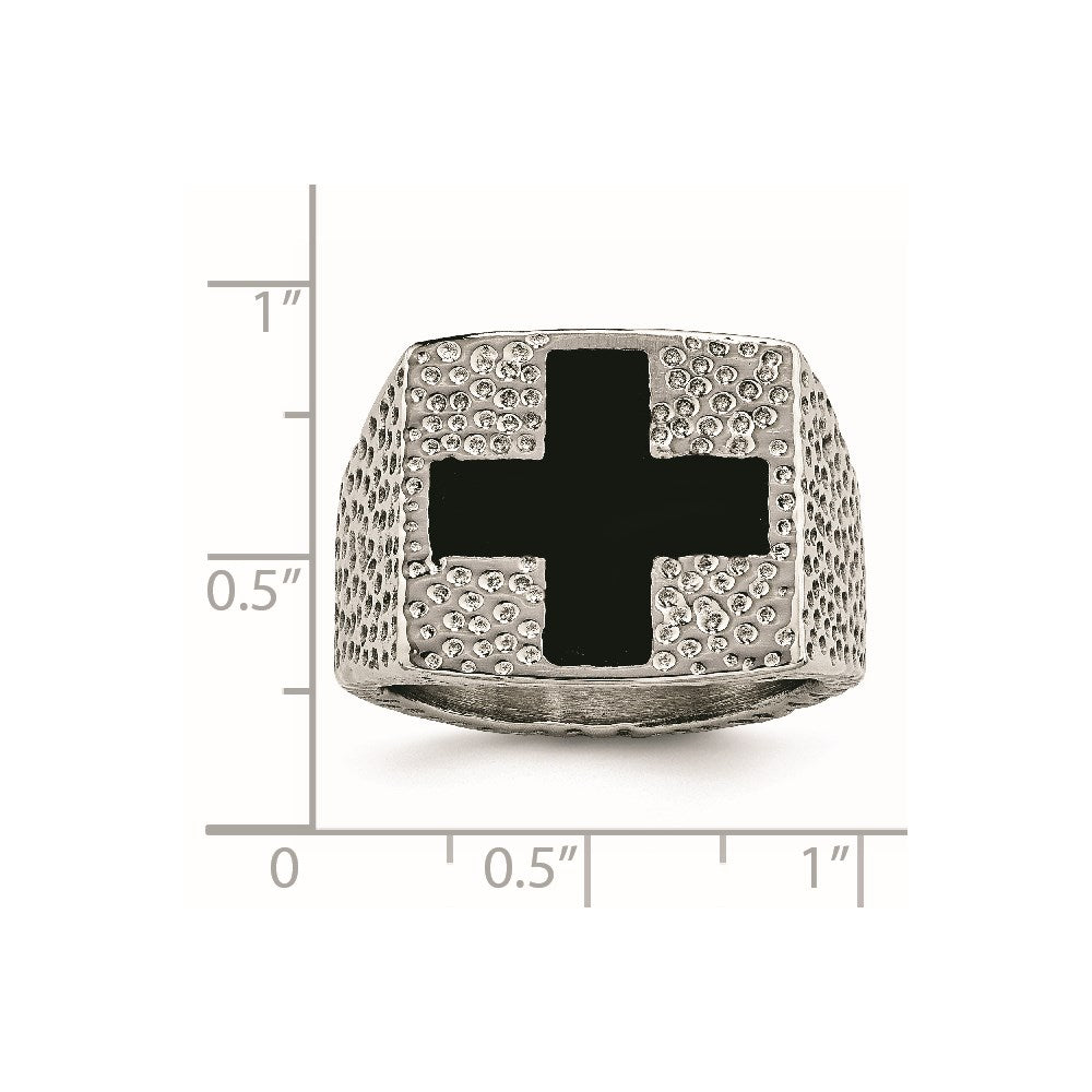 Stainless Steel Textured Black Enameled Cross Ring