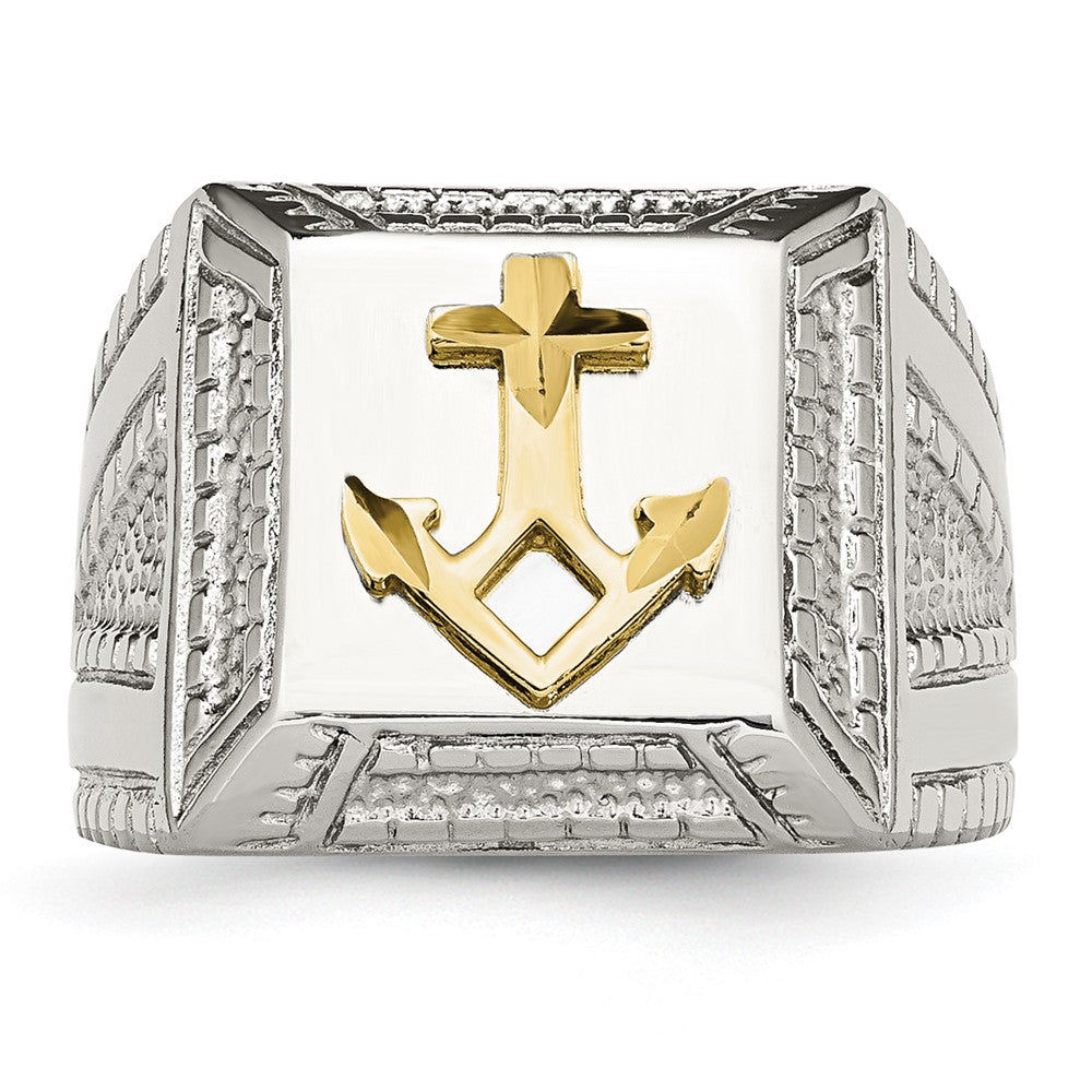 Stainless Steel Polished w/Sterling Silver Yellow IP-plated Anchor Ring