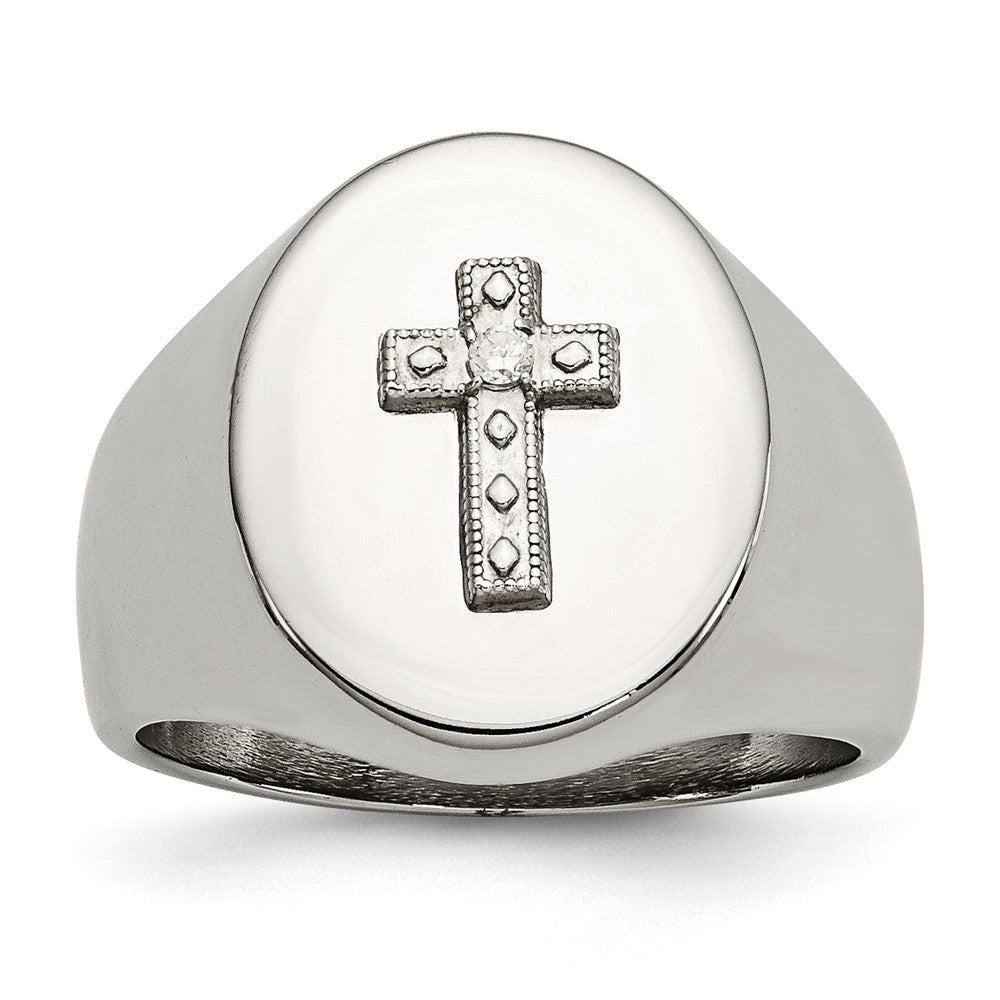 Chisel Stainless Steel Polished with Sterling Silver Cross and CZ Signet Ring