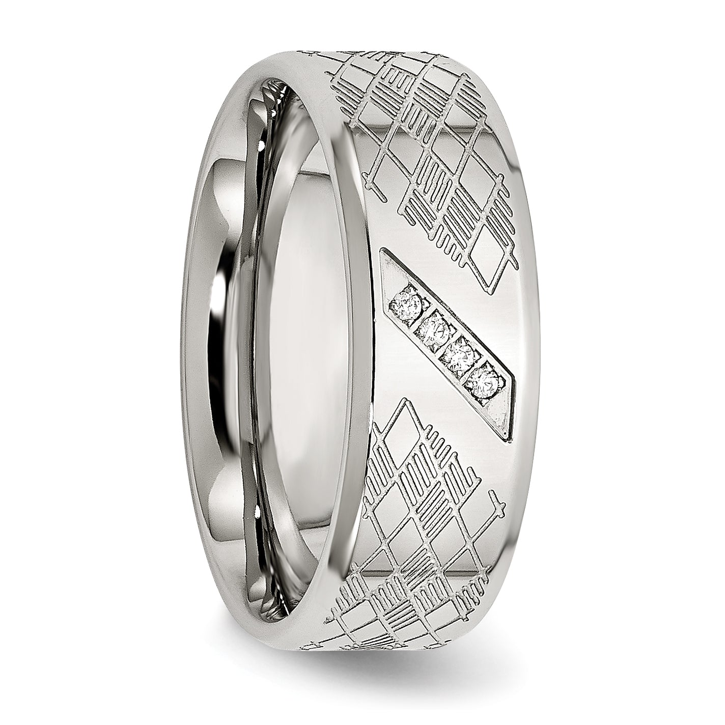 Stainless Steel Polished & Textured CZ Ring SR478