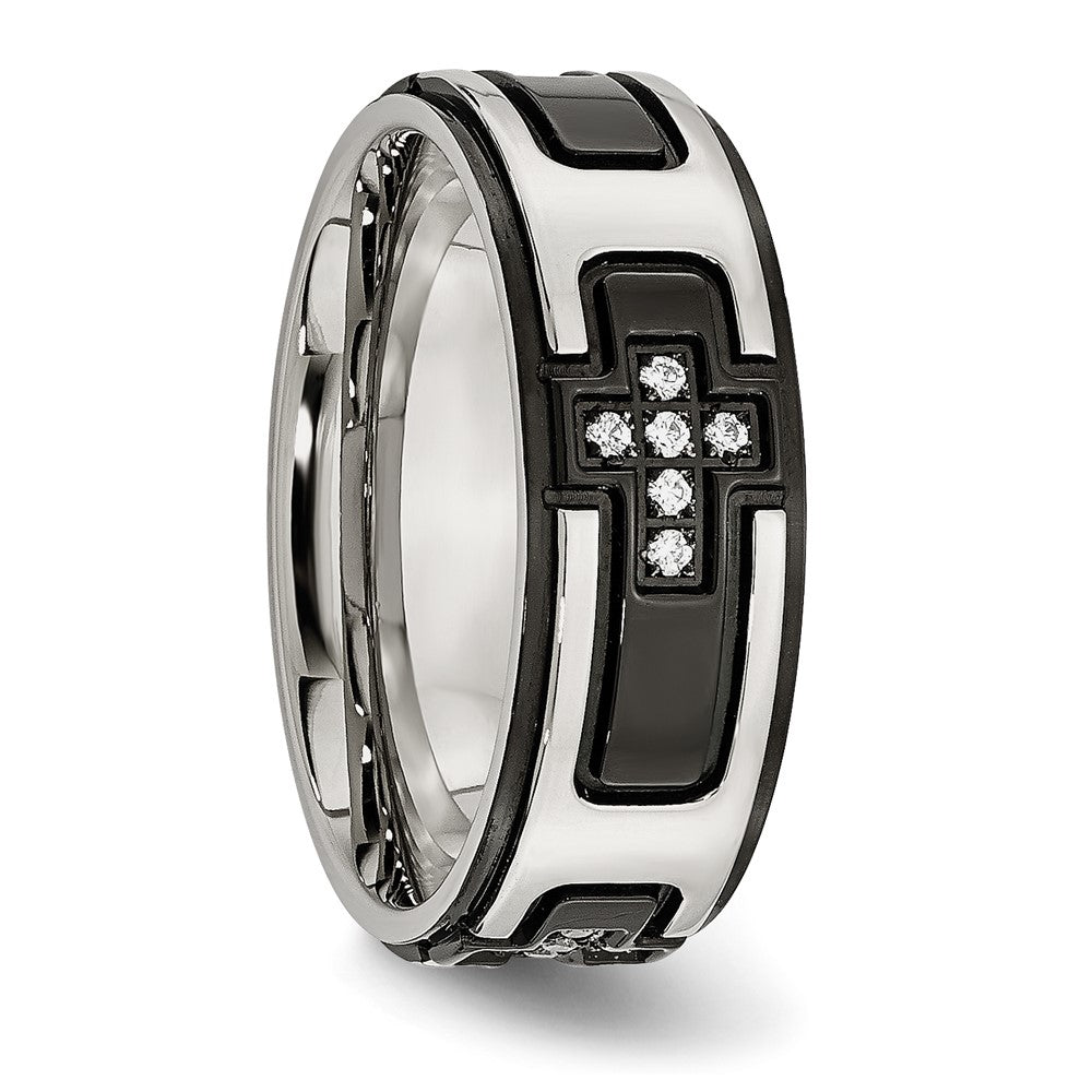 Stainless Steel Polished Black IP-plated with CZ Cross 8mm Band