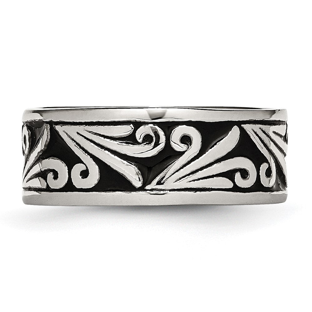 Stainless Steel Antiqued and Polished Fancy Design 8mm Ridged Edge Band