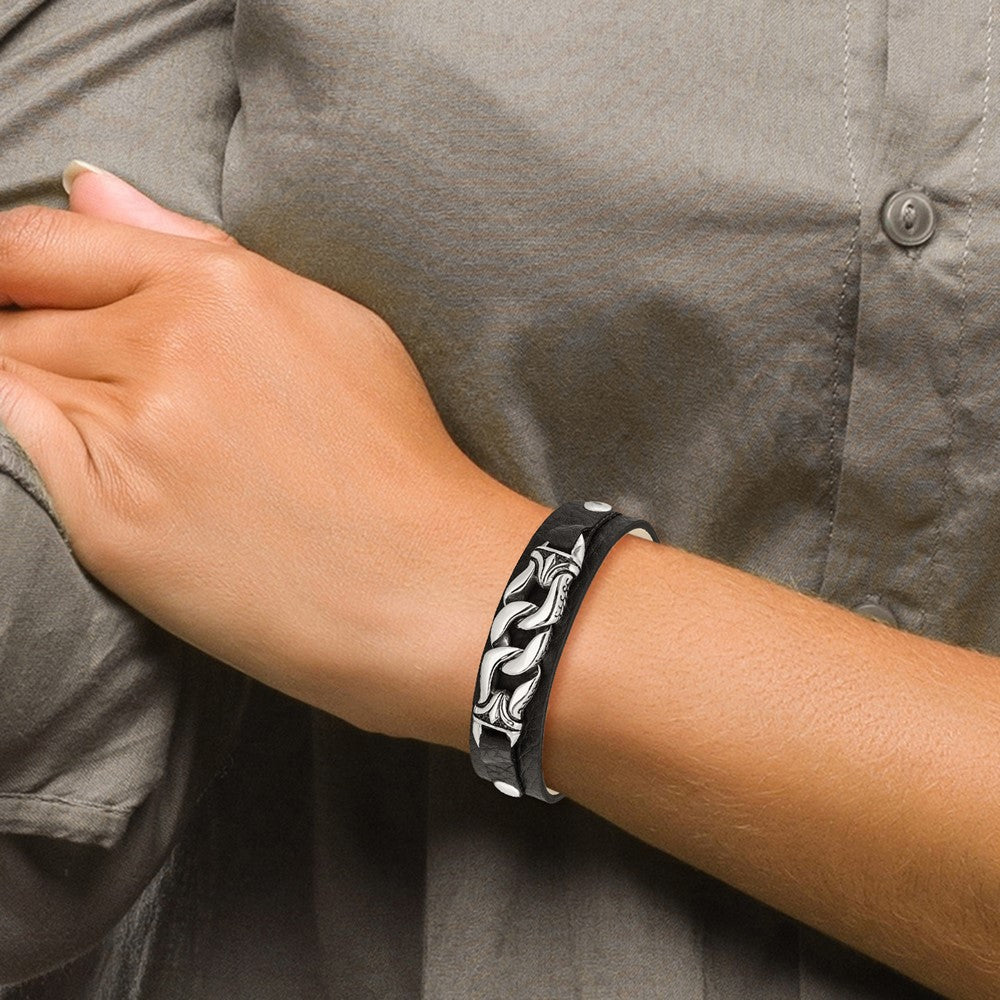 Stainless Steel Black Leather w/Antiqued Chain 8.5in Bracelet