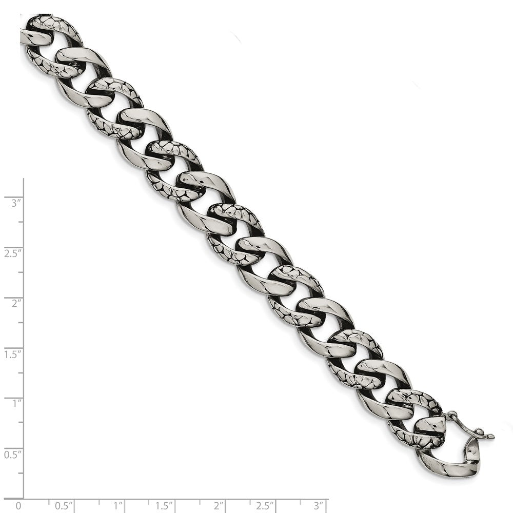 Chisel Stainless Steel Antiqued Polished and Reptile Scale Textured 8.5 inch Link Bracelet