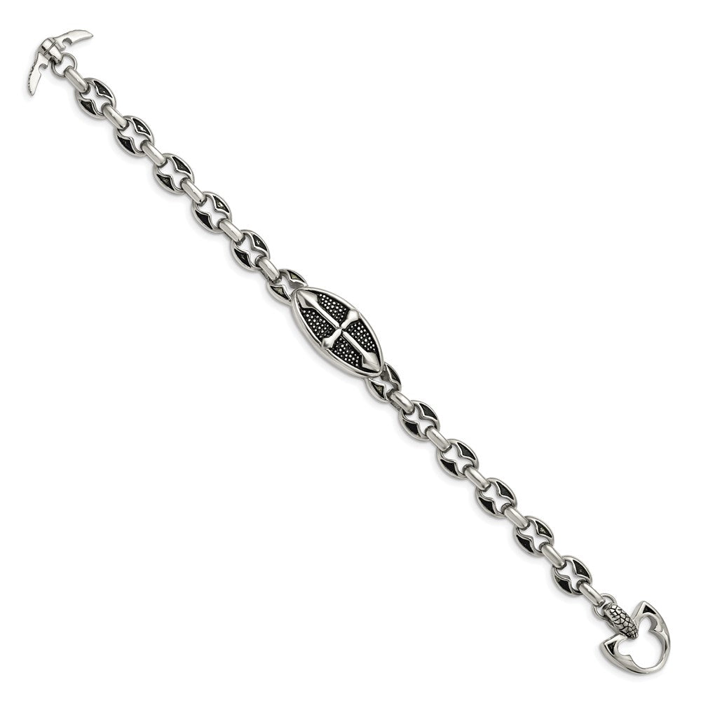 Stainless Steel Antiqued Textured and Polished Cross 9in Toggle Bracelet