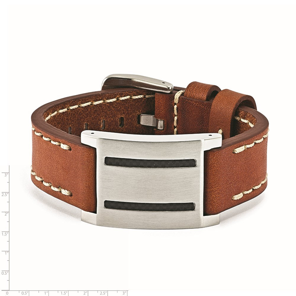 Stainless Steel Brown Leather w/Carbon Fiber Inlay Buckle Bracelet